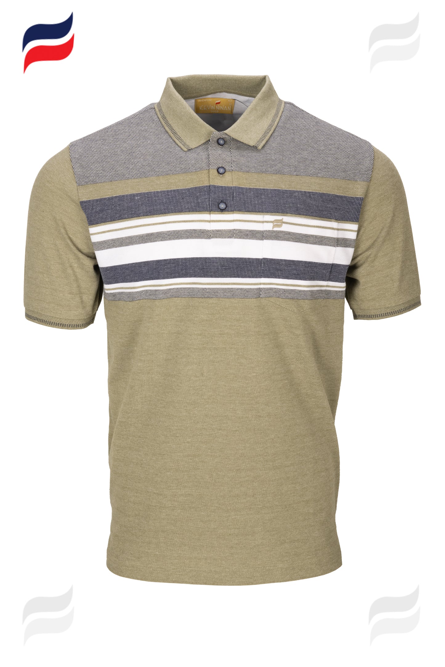 Kevin NInan olive polo with black and white stripes